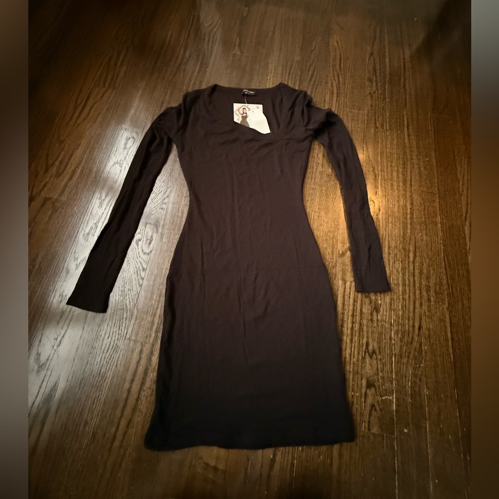 naked wardrobe Black Long-Sleeve Bodycon Midi Dress asymmetrical neck line